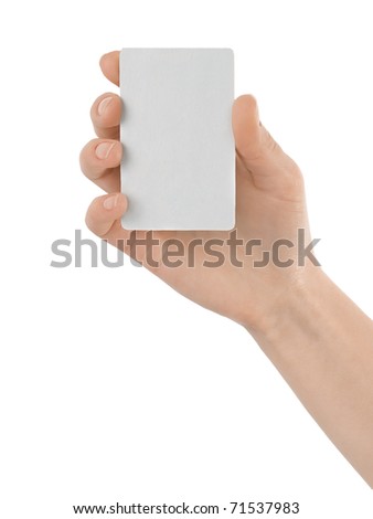 Business card in female hand. Studio isolated.