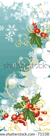 Winter holiday grunge background with snowflakes, leaves and ribbons, vector illustration.
