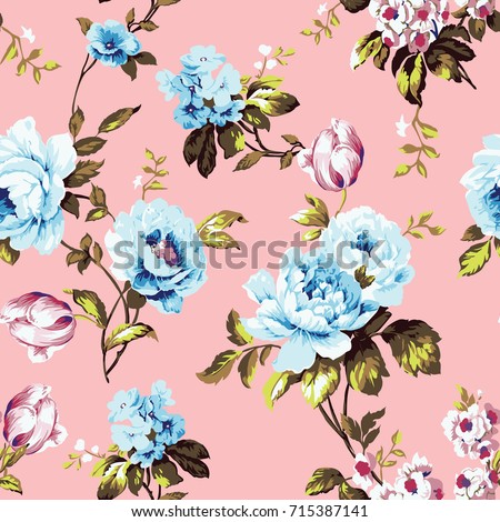 Shabby chic vintage roses, tulips and forget-me-nots vintage seamless pattern, classic chintz floral repeat background for web and print