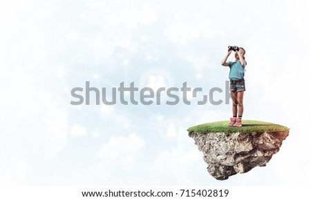 Cute smiling girl on floating island presenting social connection concept