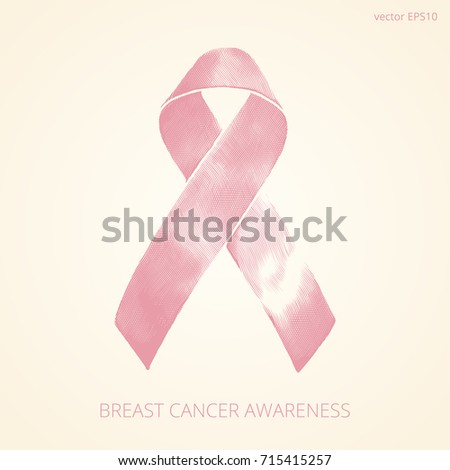 Breast Cancer awareness engraved symbol. Vintage design of the pink ribbon of etching or engraving style. Creative emblem of a struggle against women's cancerous diseases on a warm beige background.