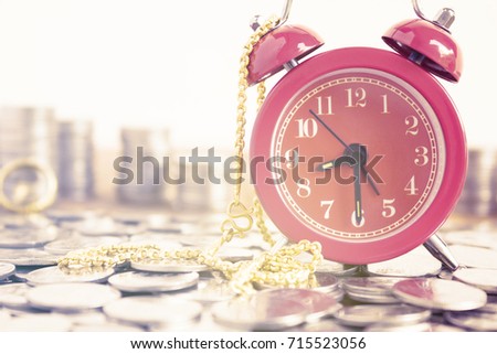 Image Of Coins With Red Fashion Alarm Clock And Gold Necklace For Display Planning Money Financial And Business Accounting Concept, Time Is Money Concept With Clock And Coins, Work At Make Money