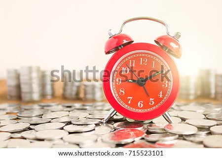 Image Of Coins With Red Fashioned Alarm Clock For Display Planning Money Financial And Business Accounting Concept, Time Is Money Concept With Clock And Coins, Time To Work At Make Money
