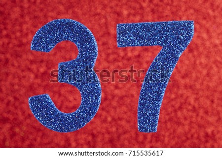 Number thirty-seven blue color over a red background. Anniversary. Horizontal