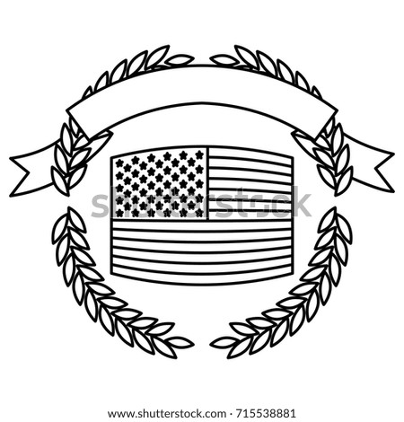 united states flag inside of circle of olive branches with ribbon on top in monochrome silhouette vector illustration