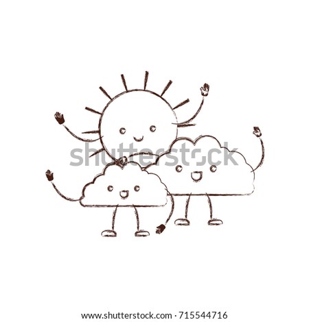 clouds with sun kawaii caricature with open arms standing in blurred brown color contour vector illustration