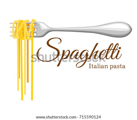 Pasta roll on the fork. Italian pasta with fork silhouette. Black fork with spaghetti on the yellow background Hand holding a fork with spaghetti. Royalty-Free Stock Photo #715590124