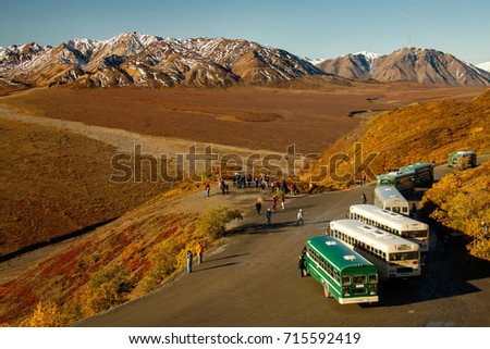 Tour Buses in Denali NP, Alaska, US Royalty-Free Stock Photo #715592419