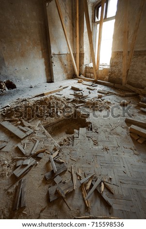 Mystical interior, ruins of an abandoned ruined building of an ancient 18th century building. Old ruined walls, corridor with garbage and mud. Destroyed molding, gypsum decorations, bas-relief. Soft 
