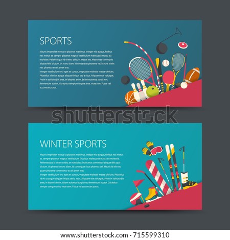 Set of vector sport banners. Flat design sport concept. Sports summer and winter equipment.