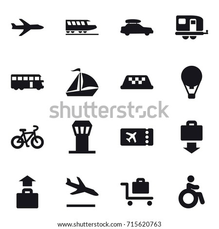 Set of 16 vector icons such as plane, train, car baggage, trailer, bus, sail boat, taxi, air ballon, bike, airport tower, ticket, baggage get, baggage, arrival, baggage trolley, invalid