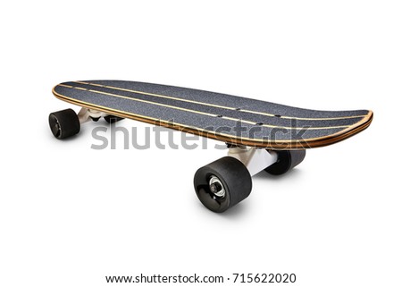 Rear view of a Black and wooden skate board isolated on a white background with clipping path