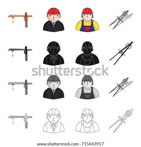 Construction crane, chief, architect, foreman,dividers. Architecture set collection icons in cartoon black monochrome outline style vector symbol stock illustration web.