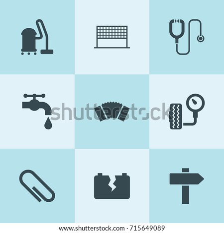 Set of 9 equipment filled icons such as paper clip, car broken battery, tire pressure, water tap, vacuum cleaner, accordion, stethoscope, signpost