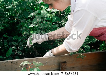 Young cute lady working at the garden wearing pink linen apron and white gloves