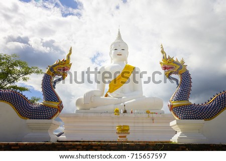 Big Statue Bhuddha white color with Naga at wat jomtam temple chiangmai thailand.