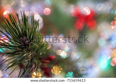 green Christmas tree background decorated with Christmas toys