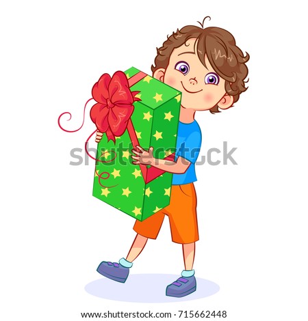 Funny cartoon boy with a big gift box in his hands. Vector cutout art.