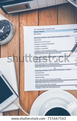 Accounting business concept.telephone,clock,coffee ,medicine and  financial statement on desk.