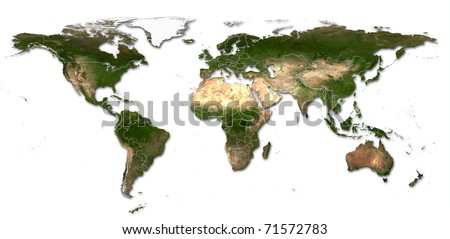 Real detail world map of continents. Isolated on white fone. Real colur of continents. Scene reconstructed from real NASA foto of earth.