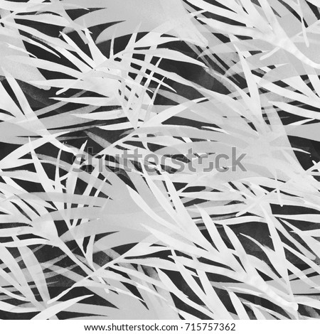 Grey scale watercolor tropical pattern. Seamless jungle tropical botanical background. Exotic leaves endless design. Black and white textile fabric prints. Retro vintage watercolor tropical pattern.