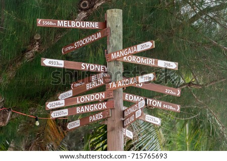 many destinations town sign wood pole in polynesia