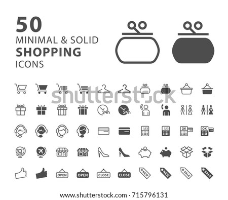 Set of 50 Shopping Minimal and Solid Icons on White Background . Vector Isolated Elements
