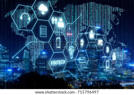 Fintech icon and internet of things with matrix code background, Investment and financial internet technology concept.