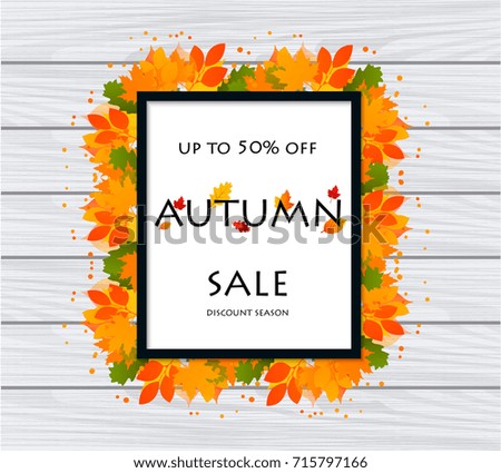 Autumn sale poster 50% banner. Autumn yellow leaves. Discount text. Vector design for shop leaflet or web banner on white background.