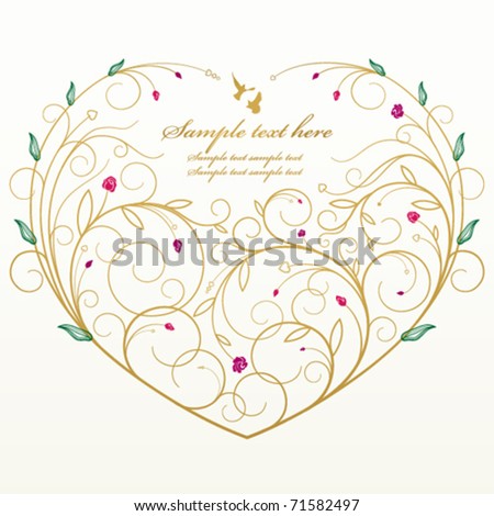 Greeting card with floral pattern (heart shape), roses and place for text. Gift on St. Valentine day. Isolated Vector illustration