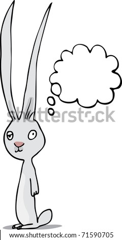 Lazy-eyed rabbit standing with a thought cloud.