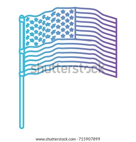 flag united states of america in pole several waves color gradient silhouette from purple to blue vector illustration