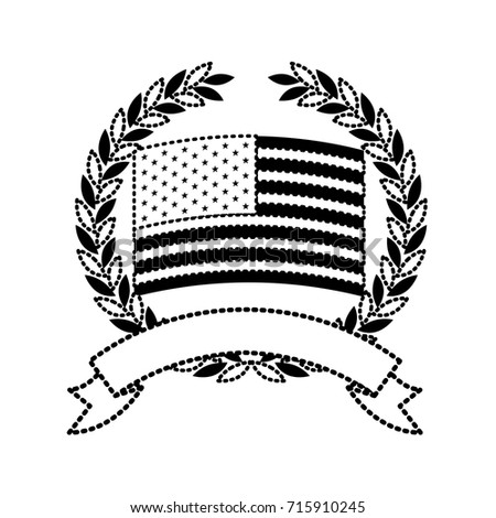 united states flag inside of circle of olive branches with ribbon on bottom in monochrome dotted silhouette vector illustration