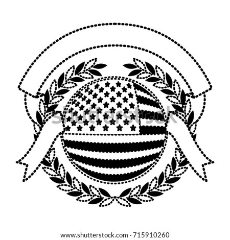 united states flag inside of circle with olive crown and ribbon on top in monochrome dotted silhouette vector illustration