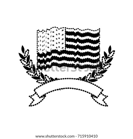 united states flag waving with olive arch branches with ribbon on bottom in monochrome dotted silhouette vector illustration
