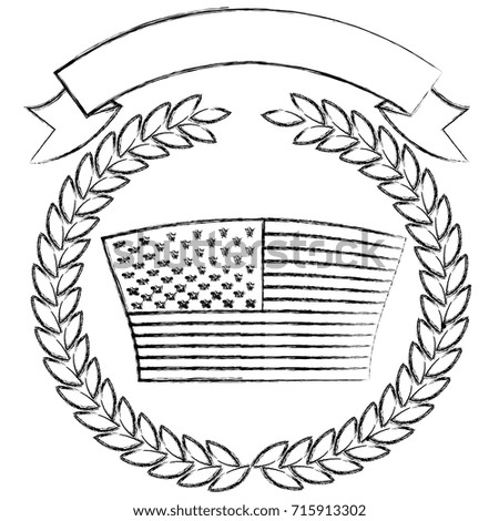 united states flag inside of crown of olive branches with ribbon on top in monochrome blurred silhouette vector illustration