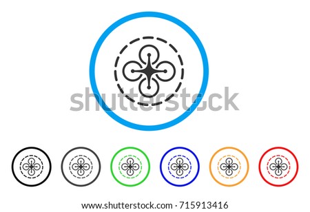Drone Flight icon. Vector illustration style is a flat iconic drone flight gray rounded symbol inside light blue circle with black, gray, green, blue, red, orange color versions.