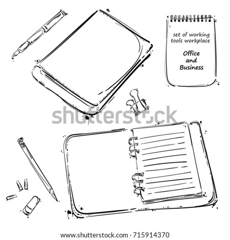 set of working tools: notebook, pen, pencil, eraser, paper clip. Office table. Business. Isolate on white background.