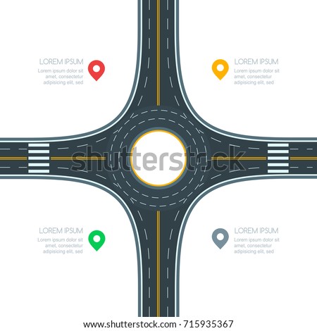 Roundabout road junction, isolated on white background, vector illustration. Infographics template with copy space. Empty asphalt crossroad with marking. Street traffic and transport design template. Royalty-Free Stock Photo #715935367