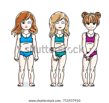 Cute happy little girls posing in colorful bikini. Vector kids illustrations set. Childhood and family lifestyle clip art.