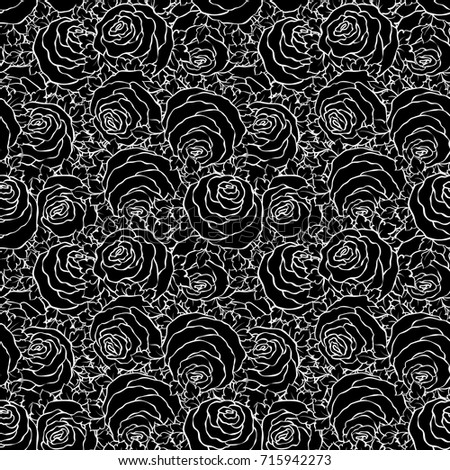 Floral decorative black and white background with cute roses, monochrome seamless pattern.