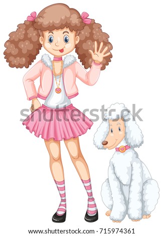 Cute teenage girl and poodle dog illustration