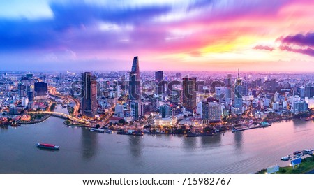 Royalty high quality free stock image aerial view of boats in river side ho chi minh, Vietnam. The biggest city in Vietnam, Vietnam. Boats in river side ho chi minh
