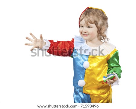 Portrait of little cheerful smiling boy dressed as a clown  isolated against white background