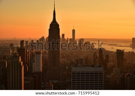 Manhattan skyscrapers at dusk in New York, USA