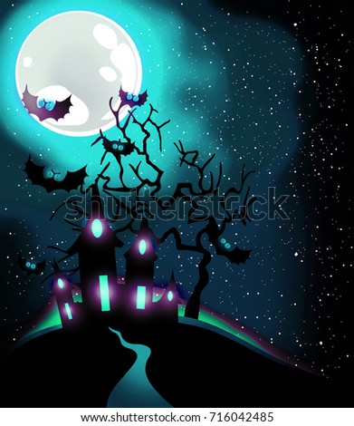 Halloween haunted house with bats on full moon background, illustration. Halloween greeting card.