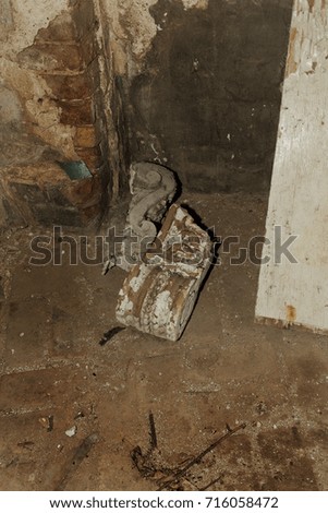 Mystical interior, ruins of an abandoned ruined building of an ancient 18th century building. Old ruined walls, corridor with garbage and mud. Destroyed molding, gypsum decorations, bas-relief