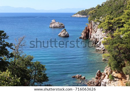 Stafylos skopelos greece aegean europe mediterranean bay seascape landscape blue turquoise postcard clear clean calm composition coast line rock cave