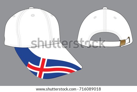 White Baseball Cap Design Iceland Flag Embroidery on Brim Cap, Strap Back With Brass Buckle. 