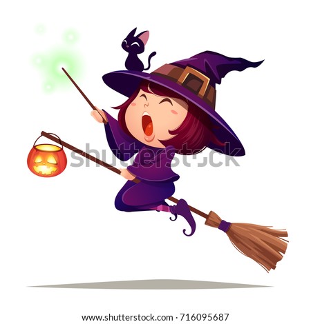 Halloween flying little witch. Girl kid in Halloween costume holds a magic wand. Isolated.